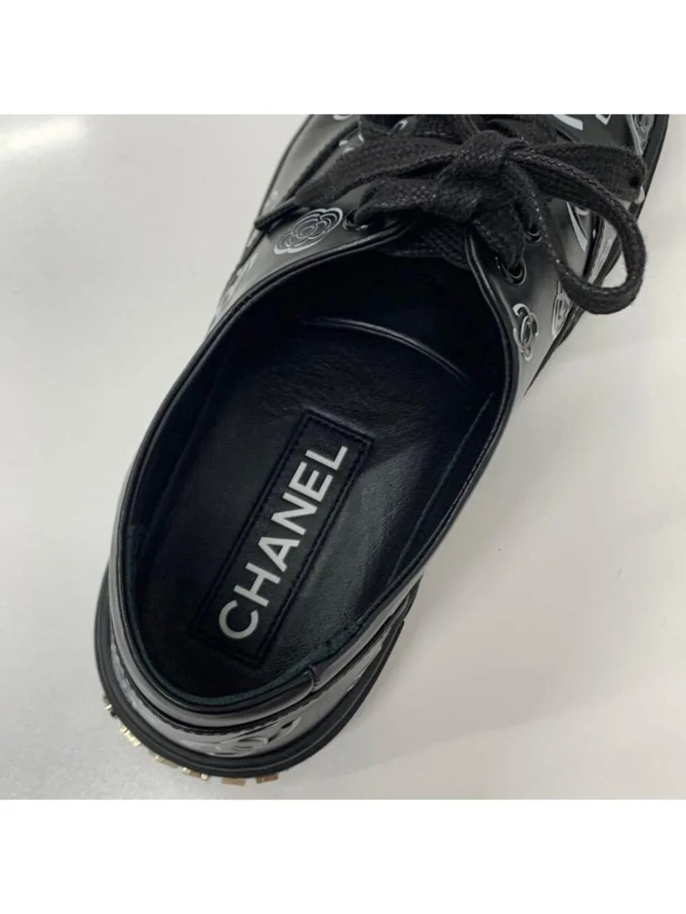 Chanel CC Logo Camellia Leather Fabric Sneakers Black